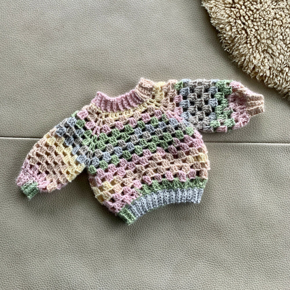 Baby Jumper, Cream and Pastel Coloured Crochet Granny Stitch Jumper