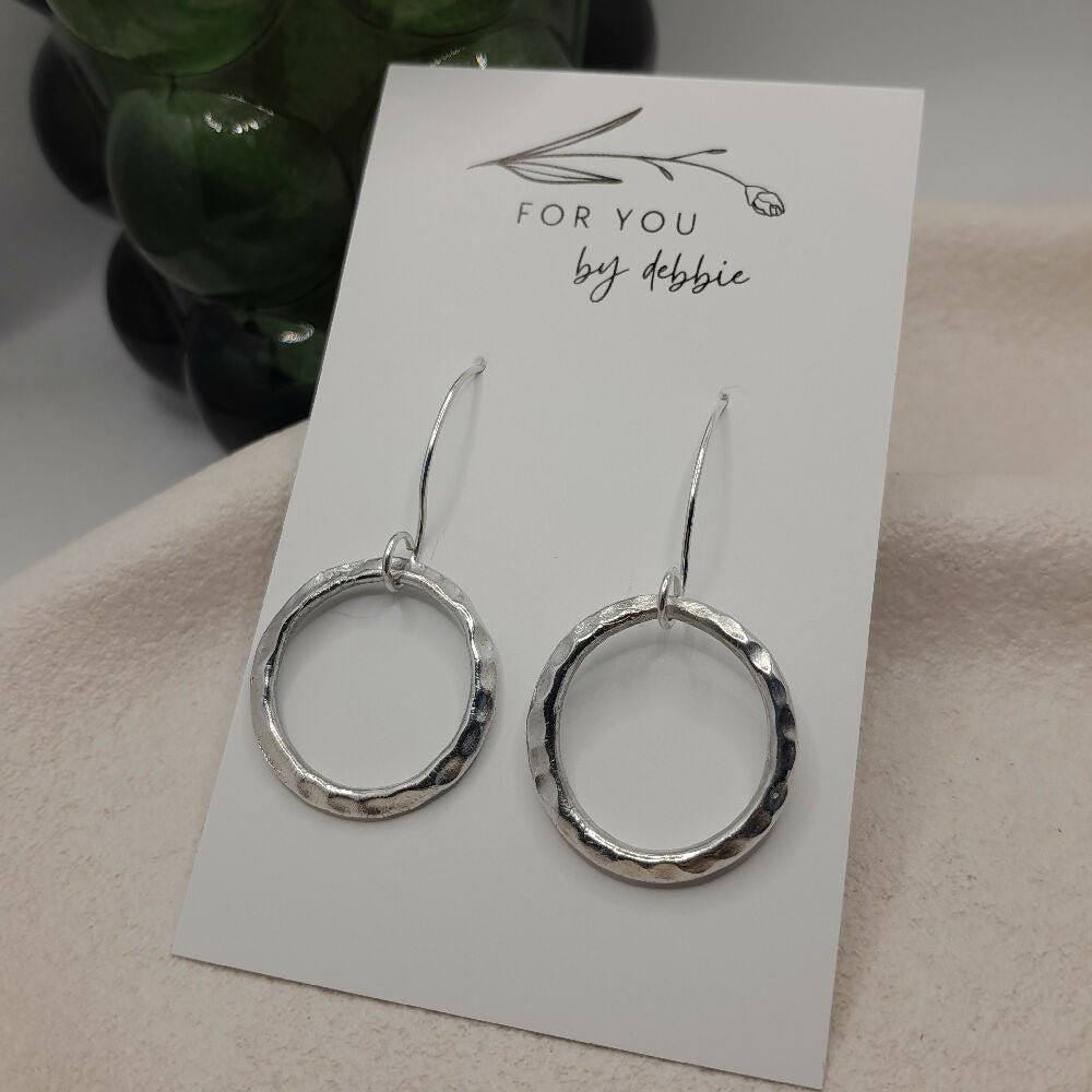 Fine silver earrings hammered circle -handmade ear wire