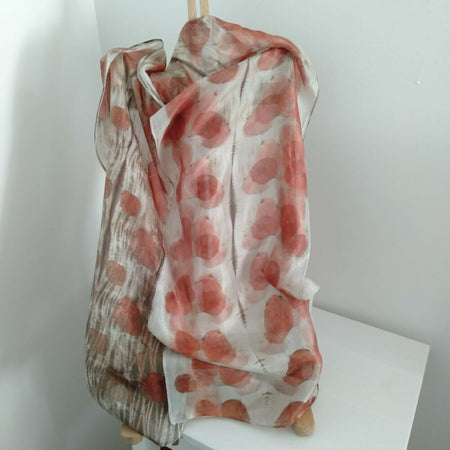 Silk scarf eco printed eucalyptus leaves pink