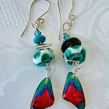 Beautiful Lampwork Earrings with Butterfly Enamel Butterfly Wings