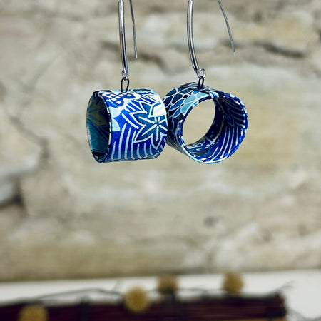 Earrings Bright Blue & White Japanese Floral Paper - EC-472
