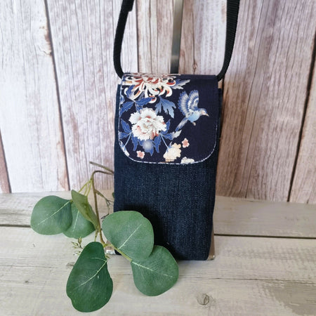 Upcycled mini mobile phone crossbody bag - navy blue with flowers & birds