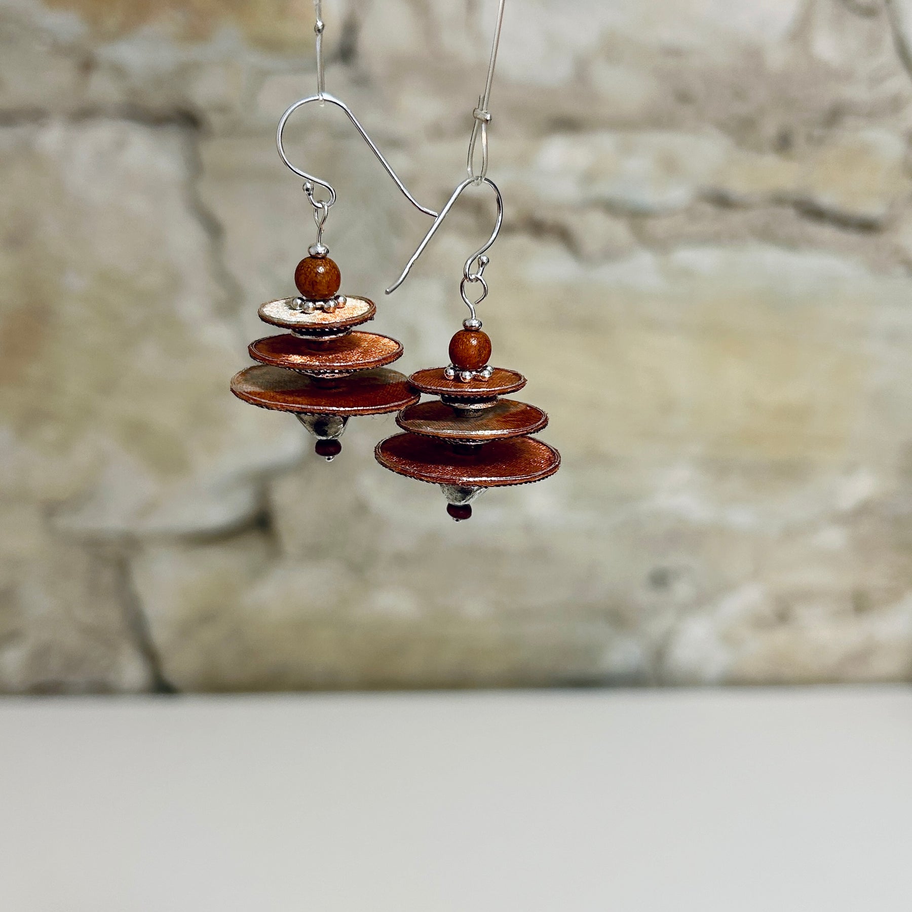 Earrings Bronze Copper Satin Textile Orbit Design - EE-151