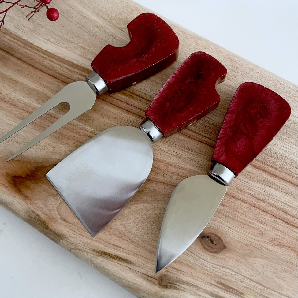 Set of 3 Red Botanical Cheese Knife featuring Australian Native Flowers