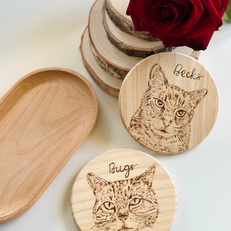 Custom Pet Portrait Wood Coaster – Hand-Burned Pyrography Art| Personalised Pet Coasters