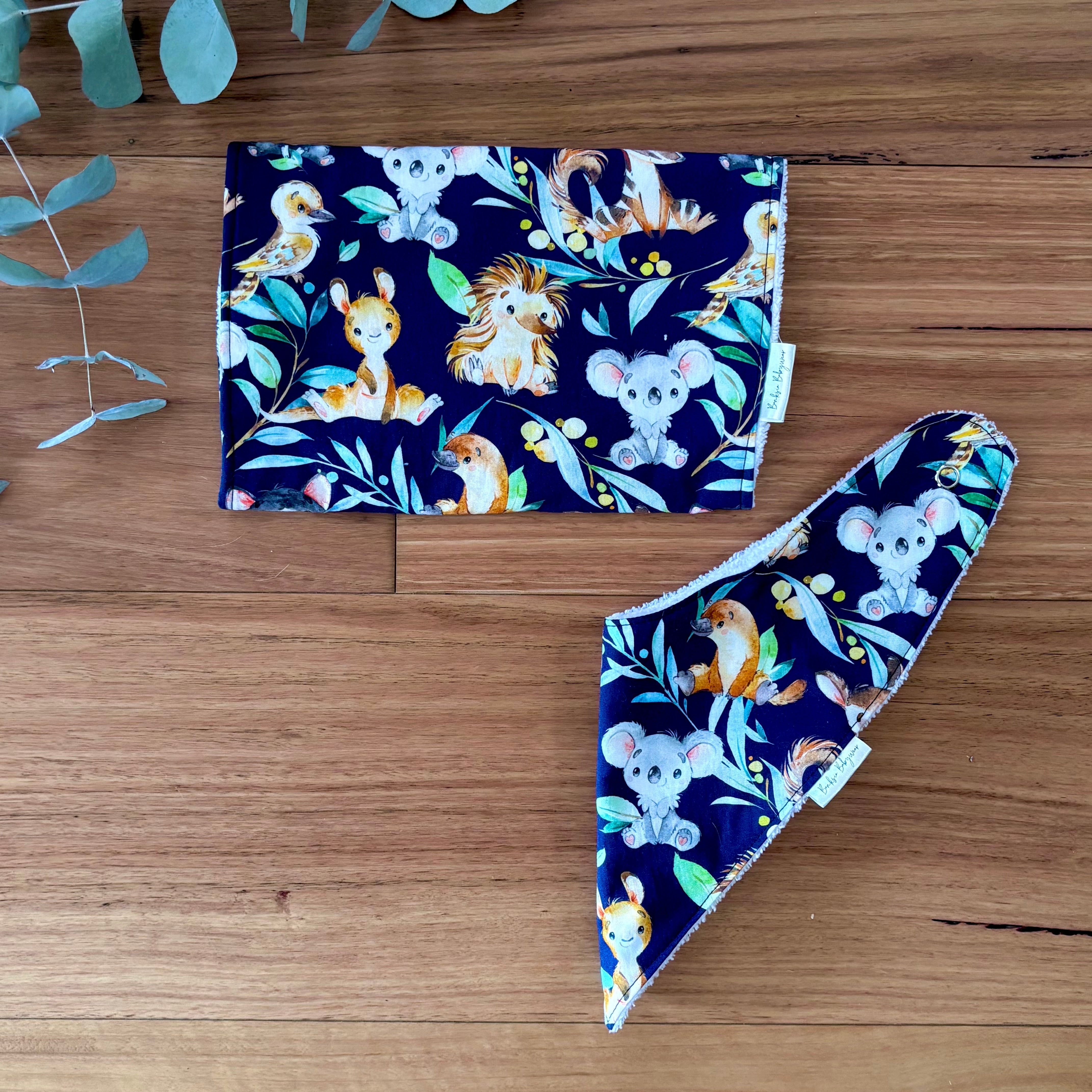 Baby Bib and Burp Cloth Set | Blue Aussie Animals | Made to Order