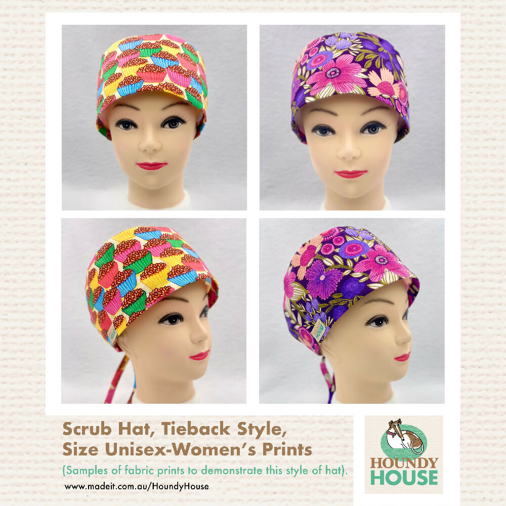 Scrub Hat, Surgical Cap, Tieback Style | Size Unisex-Women’s Prints