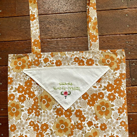 Vintage Doily Tote Bag - Embroidered Doily Pocket - Browns