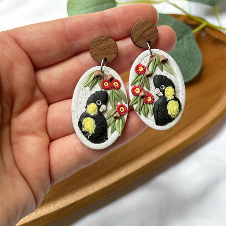 Black cockatoo Red gum blossom earrings