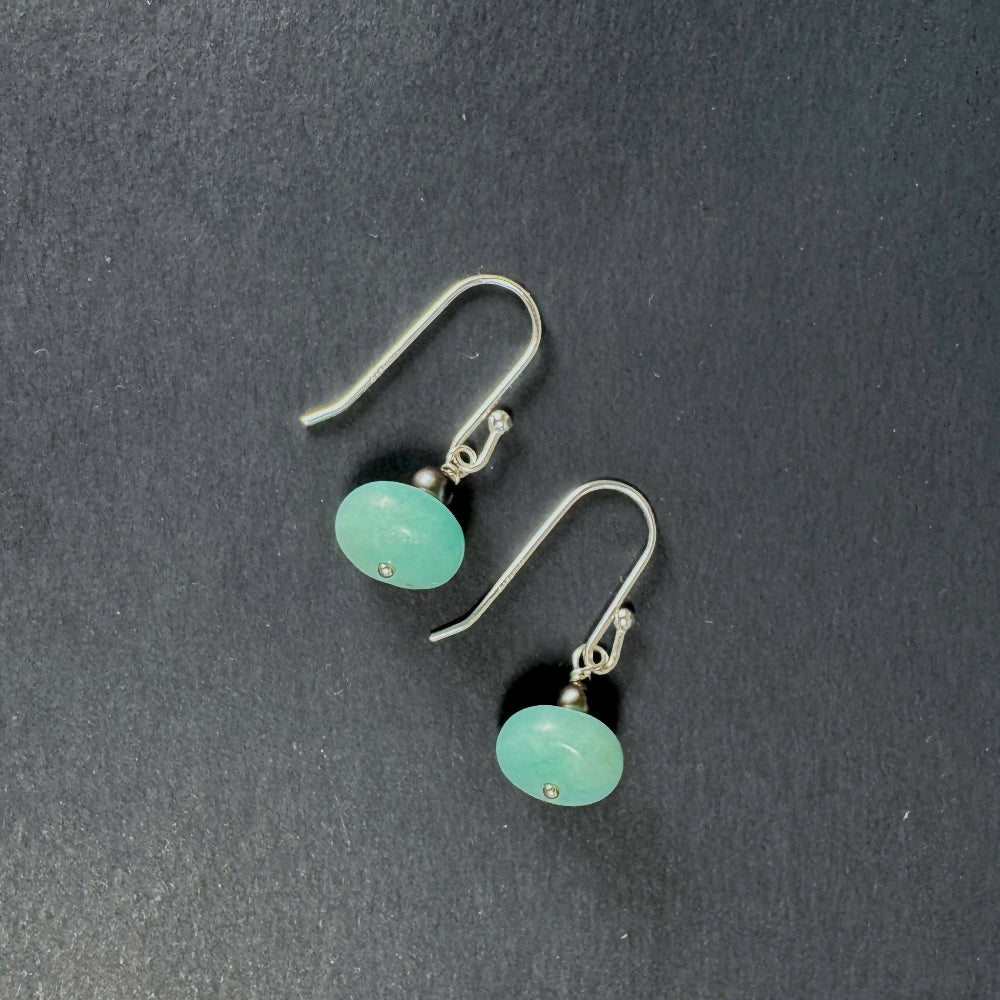 Amazonite & pearl earrings flat on black background