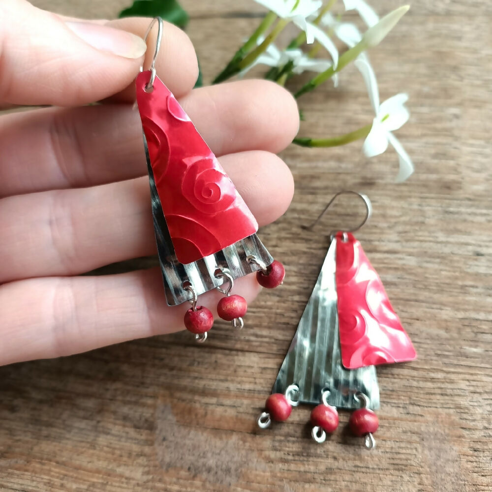 christmas tree earrings handmade upcycled red in hand..