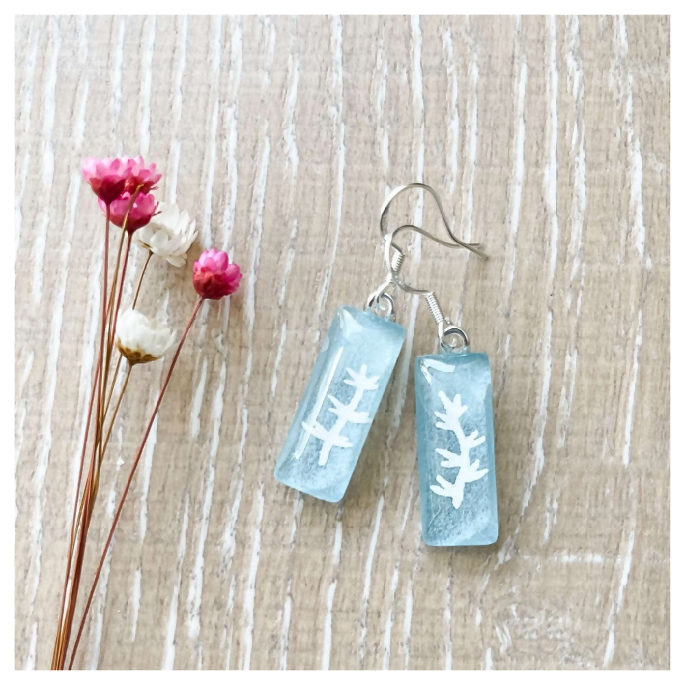 Light Blue Earrings with a White Sprig Pattern made with Washi, Glass and Resin