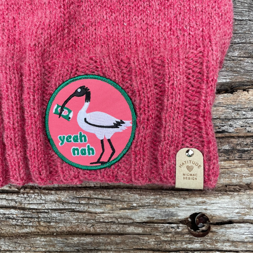 HATITUDE Pink Ibis Handknitted beanie with “Yea Nah” Patch