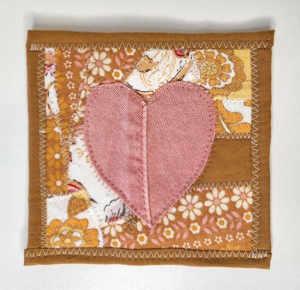 Chai-Coloured Retro Mug Rug with Pink Heart - Single Coaster - FREE SHIPPING!