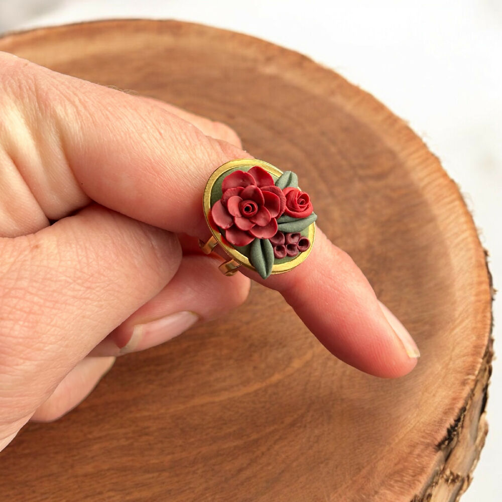 Red Floral Rose small oval statement ring hand sculpted