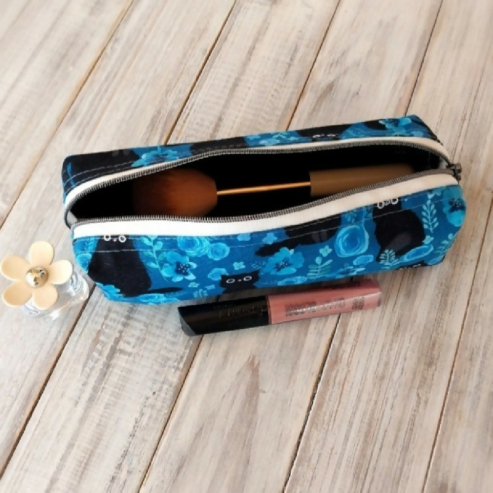 "Black Cats" boxy makeup pouch or pencil case - Blue floral & cats - Handmade gift