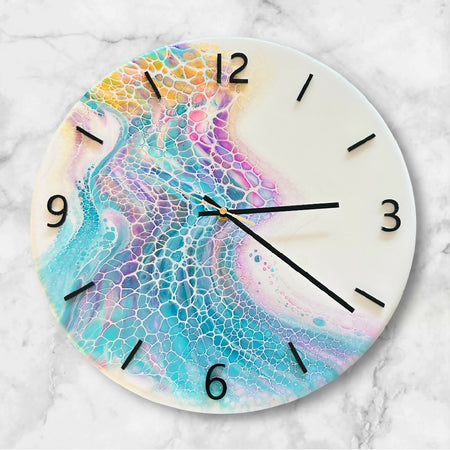 Large 40cm Timber Clock - Fluid Art/Resin - White-Teal-Sangria