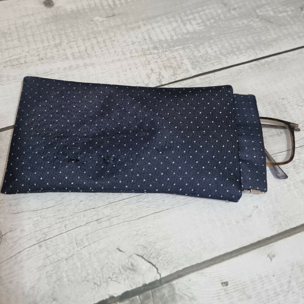 Flex frame glasses pouch, upcycled tie - black, silver dots