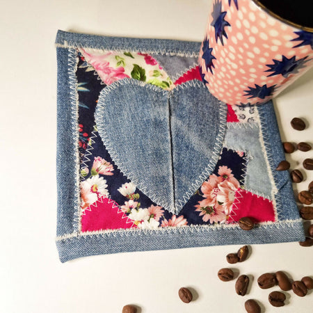 Denim Mug Rug with Heart - Single Coaster - FREE SHIPPING!