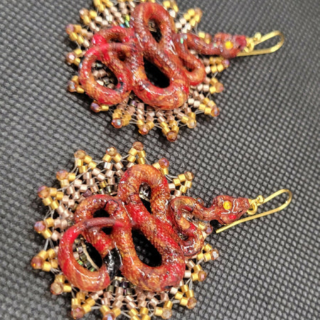 Red and Gold Snake Earrings with a Beaded Gold Sun