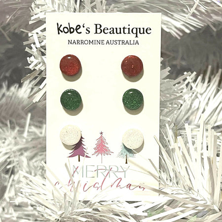 Mini Glitter Christmas Studs. 3pk. Red, Green and White