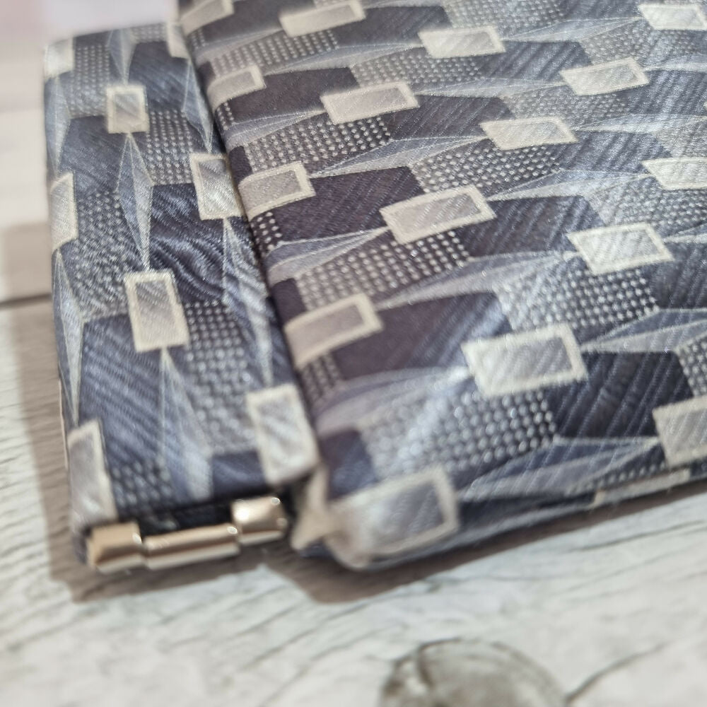 Flex frame glasses pouch, upcycled tie - patterned silver grey