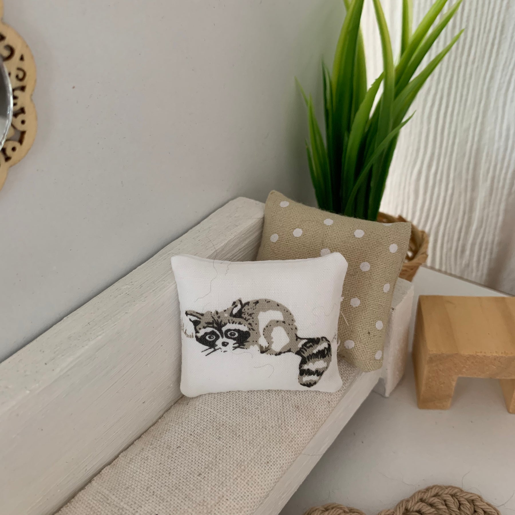 Miniature woodland throw pillows, dollhouse cushions.