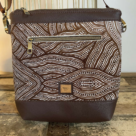 Mia Crossbody Bag - Brown & White Indigenous Print/Dk Brown Faux Leather