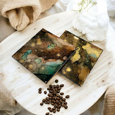 Resin/Alcohol Ink Drink Coasters (Set of 2) Brown/Teal/Mixed