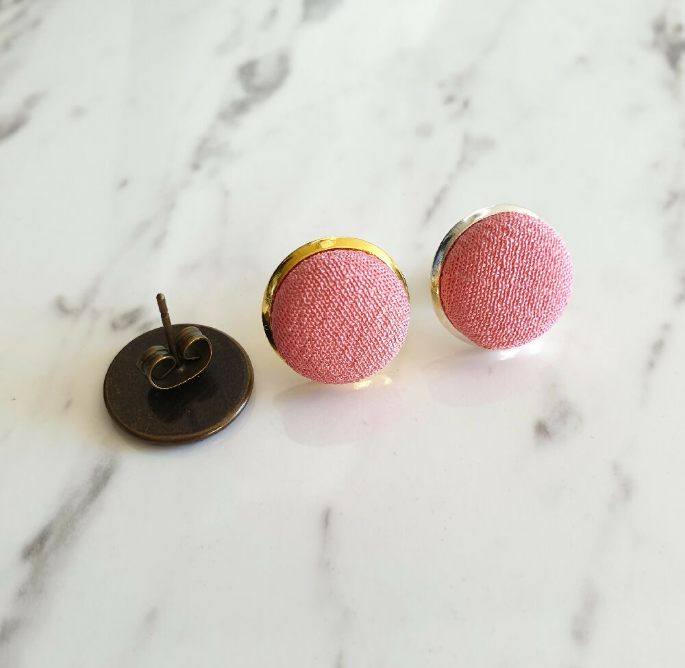 1.4cm Round Pink Kimono Fabric Cabochon stud earrings