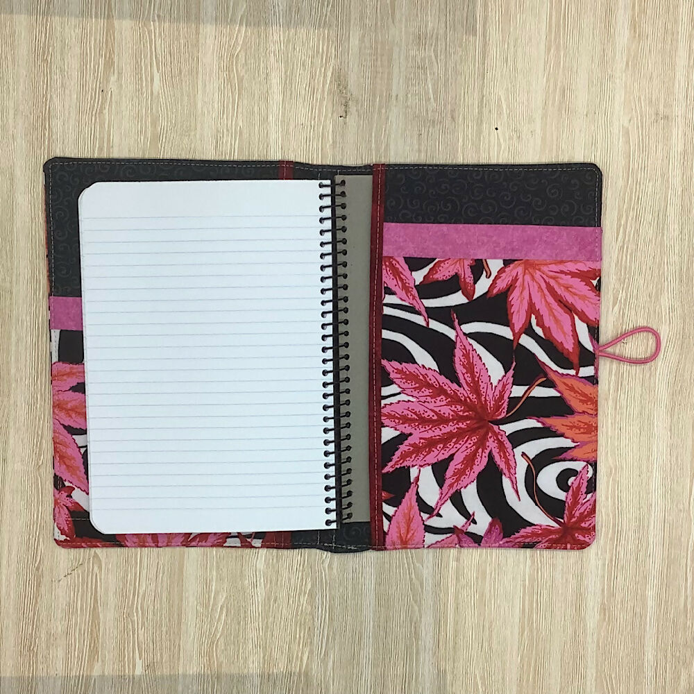Pink Maple Leaves refillable A5 fabric notebook cover gift set - Incl. book and pen.