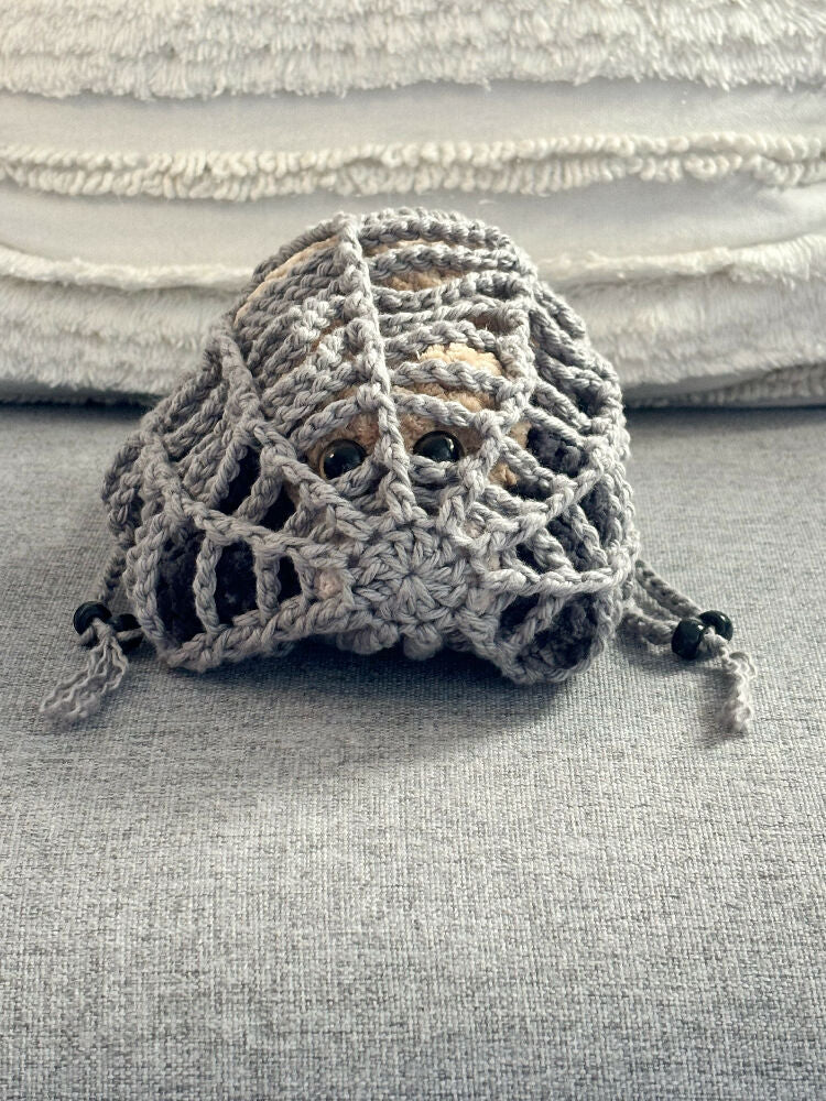 Plush Crocheted Spider and Spider Web Drawstring Bag