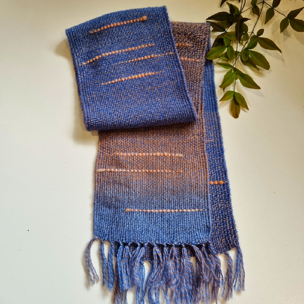 australian-artist-handmade-handwoven-blue-peach-wool-scarf-3