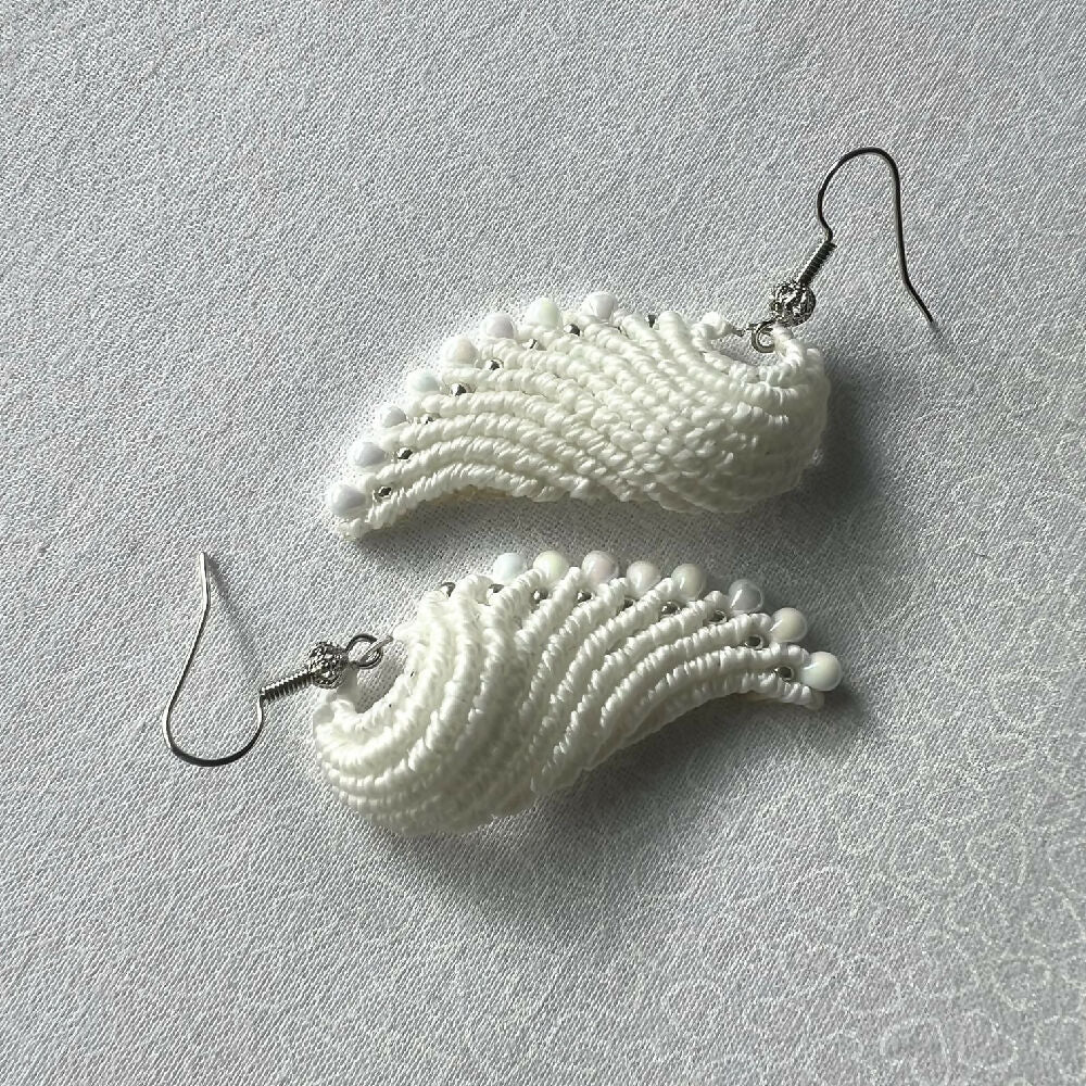 SOLD OUT - White Wing Micro Macrame Earrings +Free Microfibre Pouch