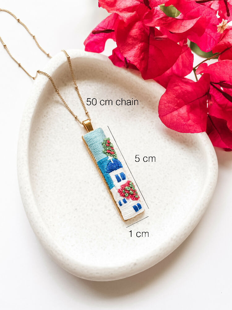 Santorini Hand Embroidered Necklace – Wearable Art Inspired by the Greek Islands - Dimensions 1cm x 5cm Pendant x 50cm chain