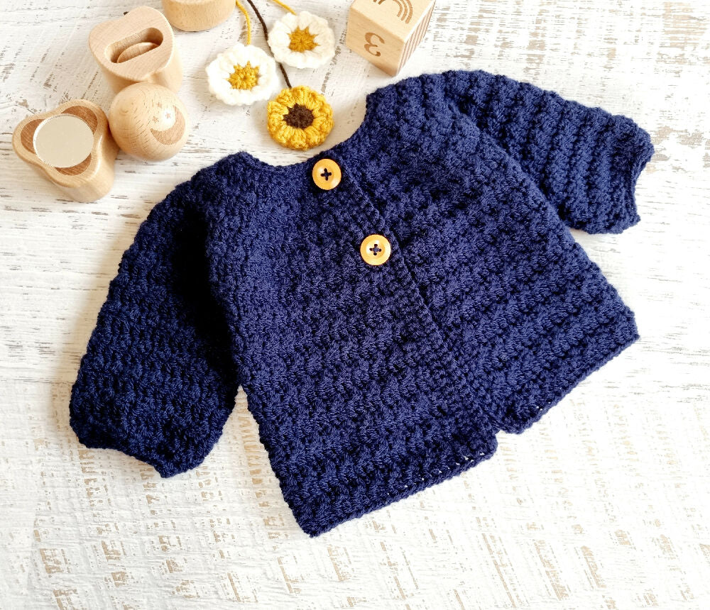 Baby Cardigan Navy Blue Newborn Hand Crocheted Matinee Jacket 0-3 months