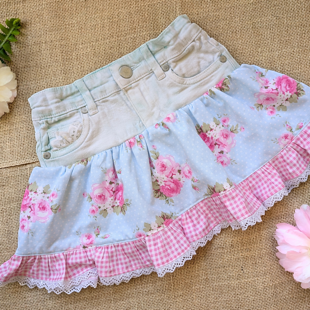 girls-upcycled-denim-skirt-size-2-3-pink-posies-gingham-handmade-sewing-artist-the-denim-patch (2)