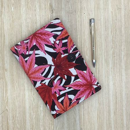 Pink Maple Leaves refillable A5 fabric notebook cover gift set - Incl. book and pen.