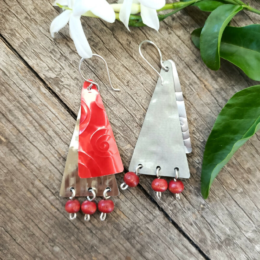 christmas tree earrings handmade upcycled back red..