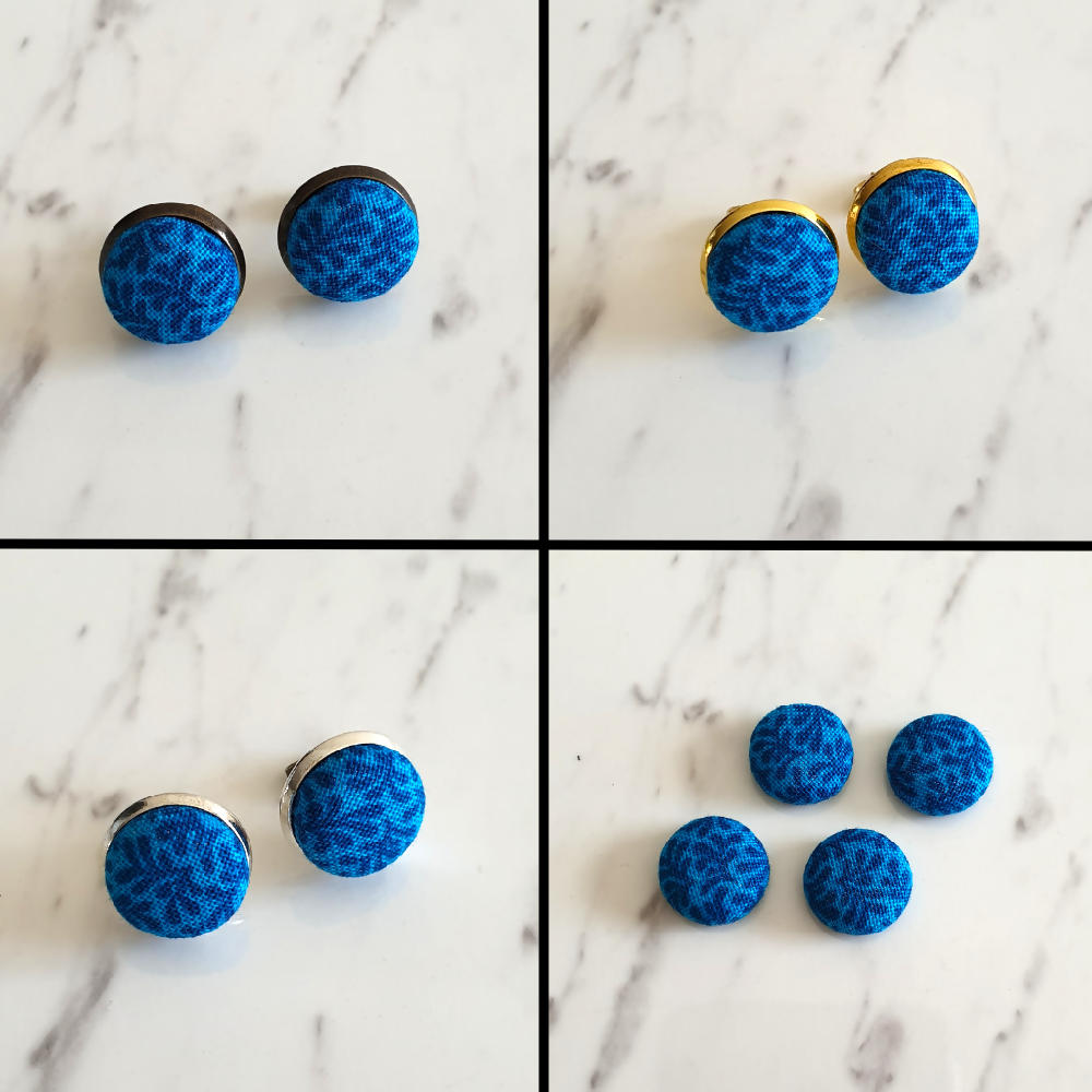 1.4cm Round Blue Plants cotton fabric Cabochon stud earrings