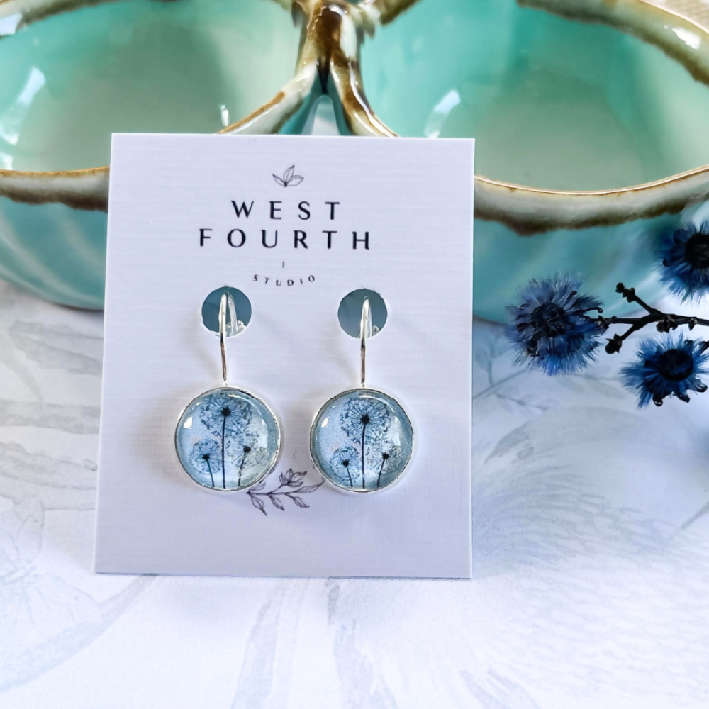 Blue Dandelion Earrings handmade with Paper and Glass