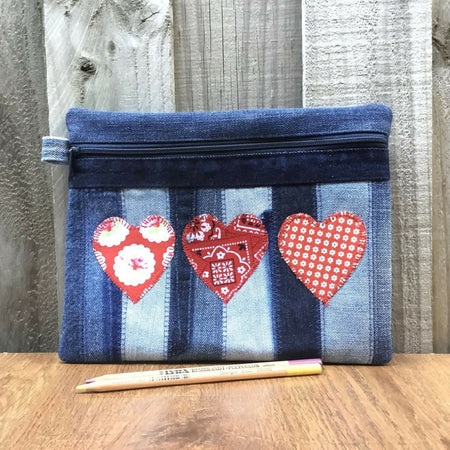Upcycled Denim Pencil Case – Three Red Hearts