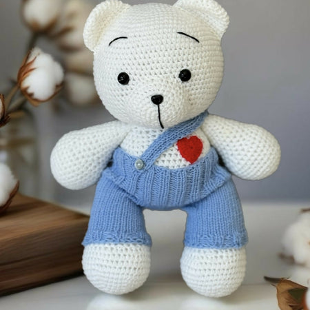 Crochet White Bear in Blue Pants with Heart