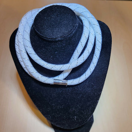 White nylon mesh, bead filled, extra long necklace