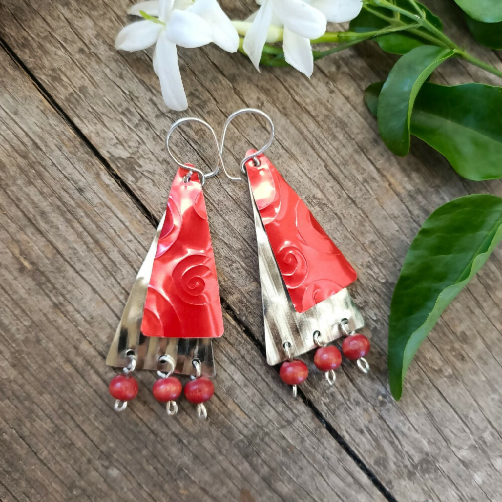 christmas tree earrings handmade upcycled red..