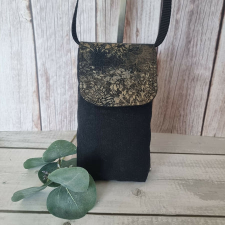 Upcycled mini mobile phone crossbody bag - black & gold patterned denim