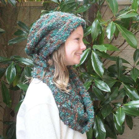 Boucle wool beanie and infinity scarf - slouchy, adult. FREE POST