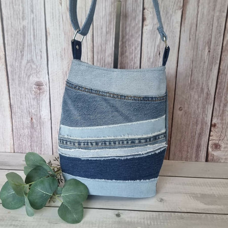 Upcycled denim crossbody bag - horizontal/diagonal patttern