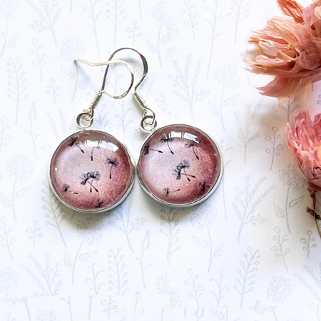 Pink Flower Earrings with a Dandelion Pattern