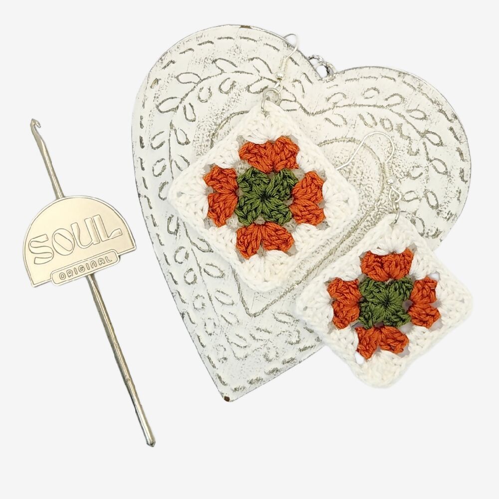 Crochet Earrings - Granny Square - Pine Green & Orange Spice